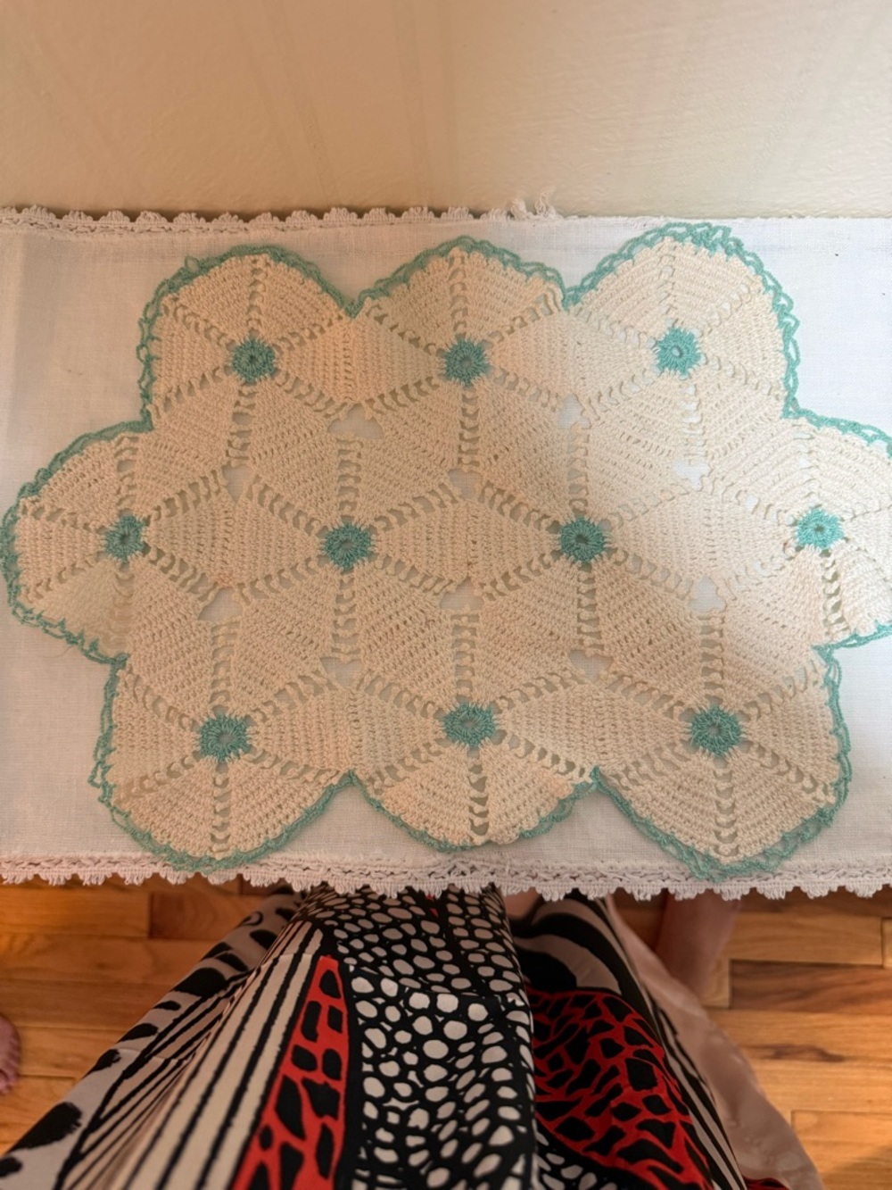 Handmade Crochet Cotton Doily - Cream with Mint Accents